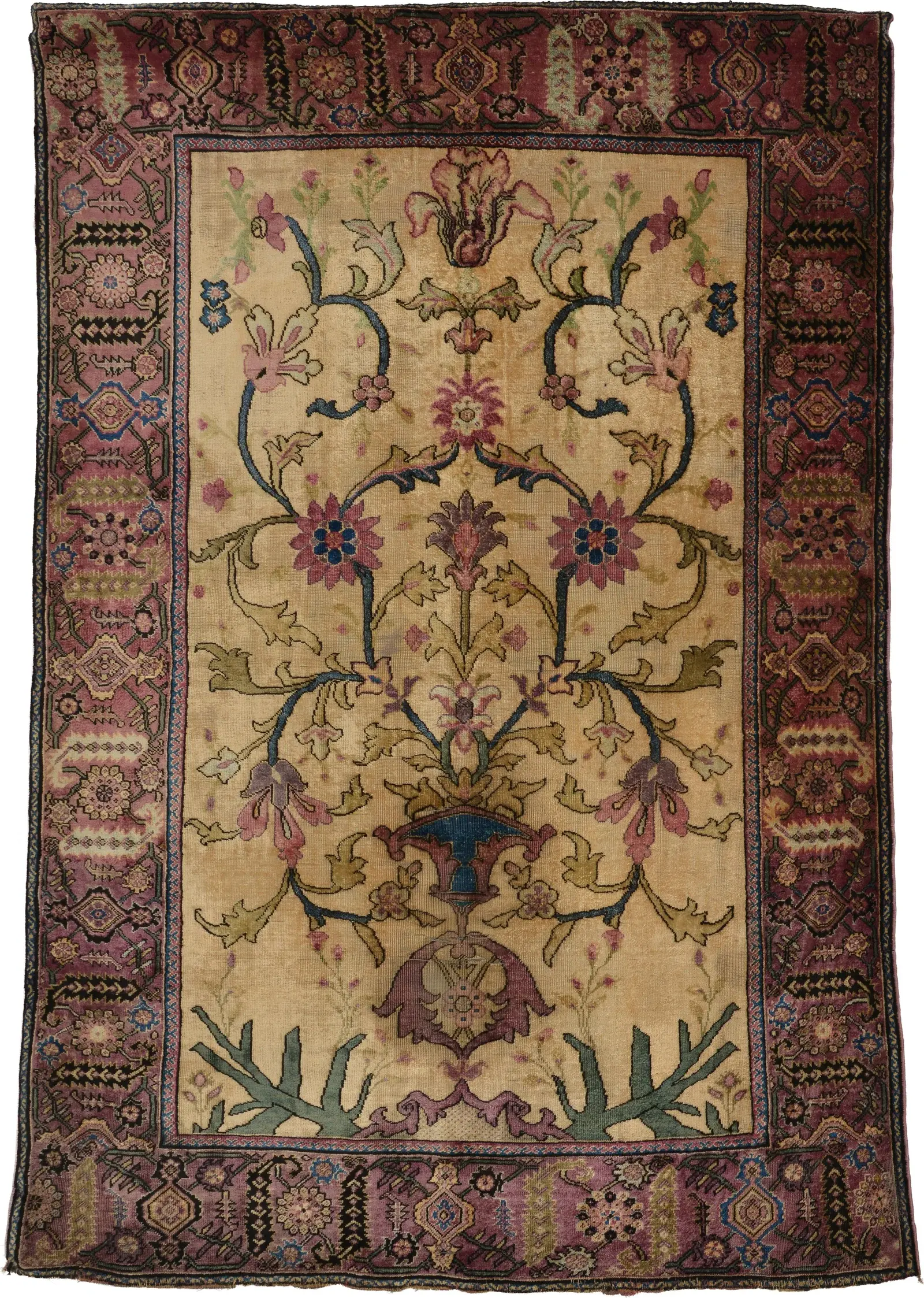 Antique silk Kashan small carpet. Floral decorated center. Geometric