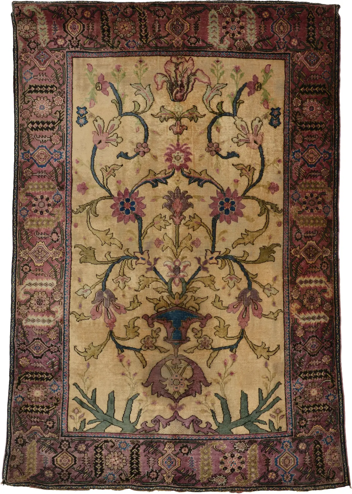 Antique silk Kashan small carpet. Floral decorated center. Geometric