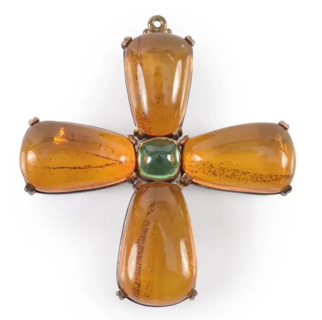 Large antique silver and gold cross pendant set with amber and central
