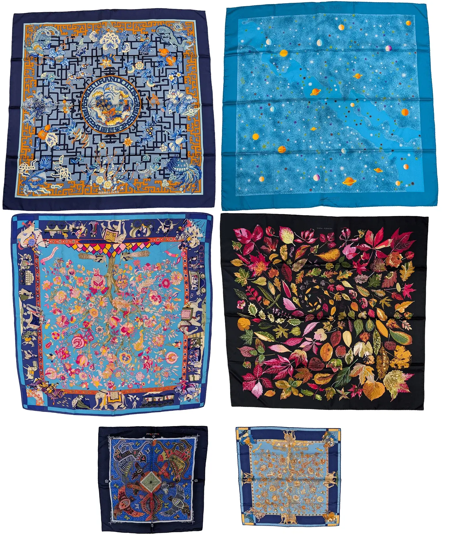 6 Hermes silk scarves. Chinese motif, Fantaisies Indiennes, La Voie