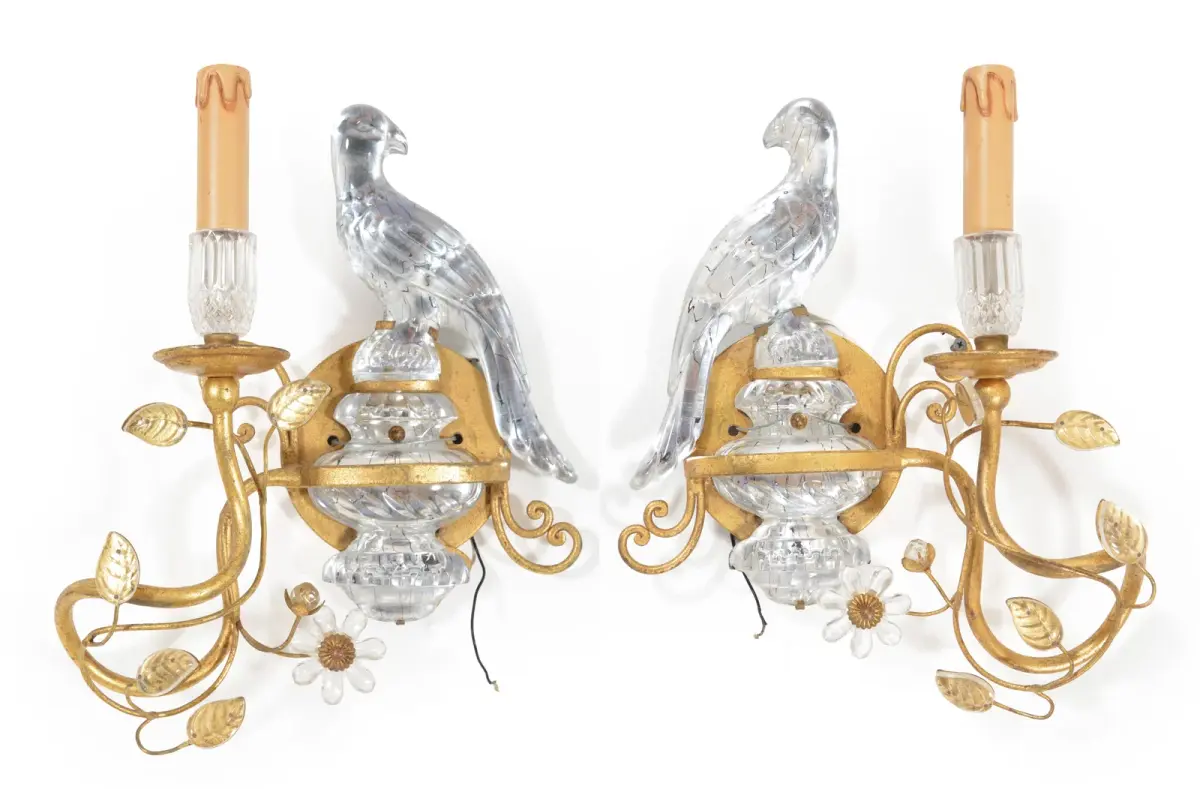Pair mid century modern rock crystal glass parrot form wall sconces