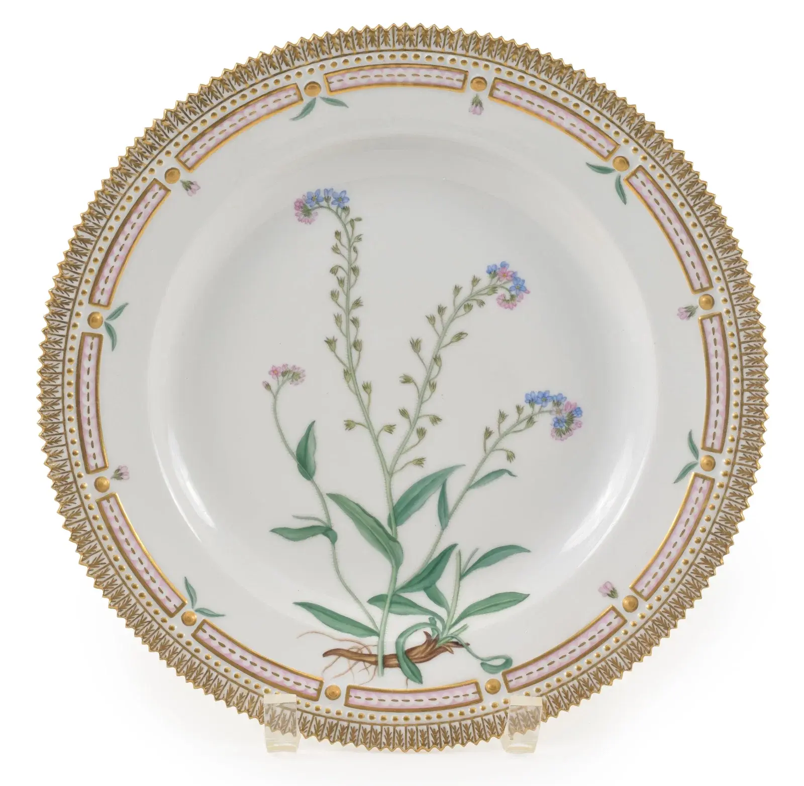 Royal Copenhagen flora danica plate with "Wood Forget-Me-Not" flowers.
