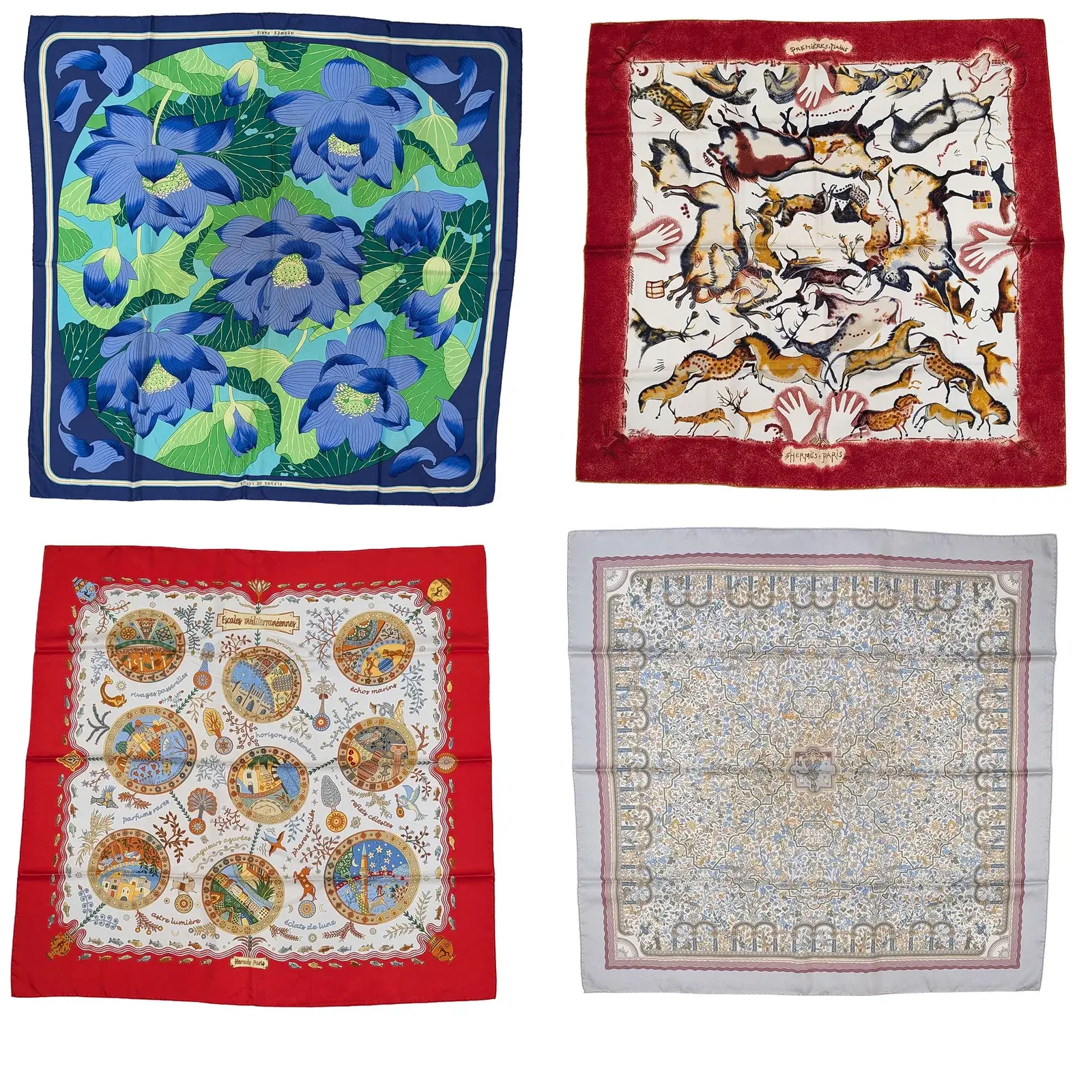 4 Hermes silk scarves. Fleurs de Lotus, Escales Mediterraneenes, Premieres