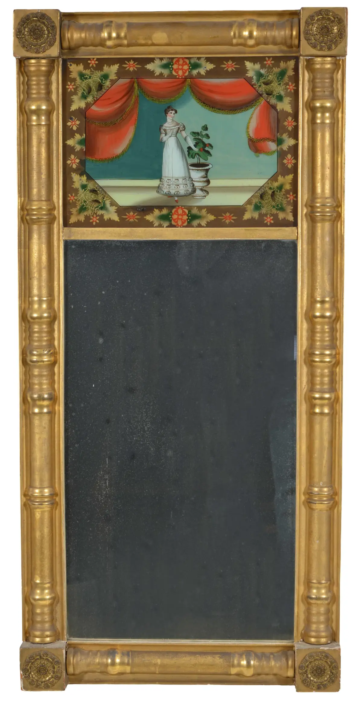 Sheraton gilt split column mirror with reverse painted table of classical