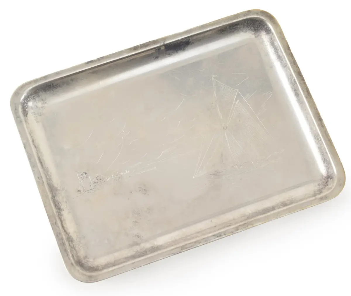 Tiffany & Co. sterling silver card tray. Coastal scene decoration
