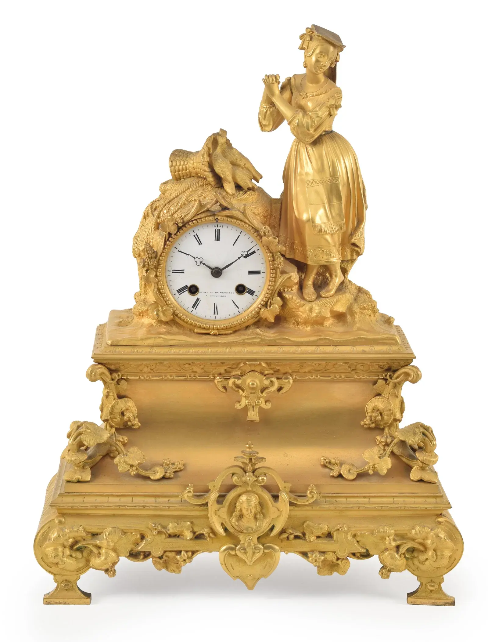 Late 19th Century gilt bronze figural shelf clock, with an enamel