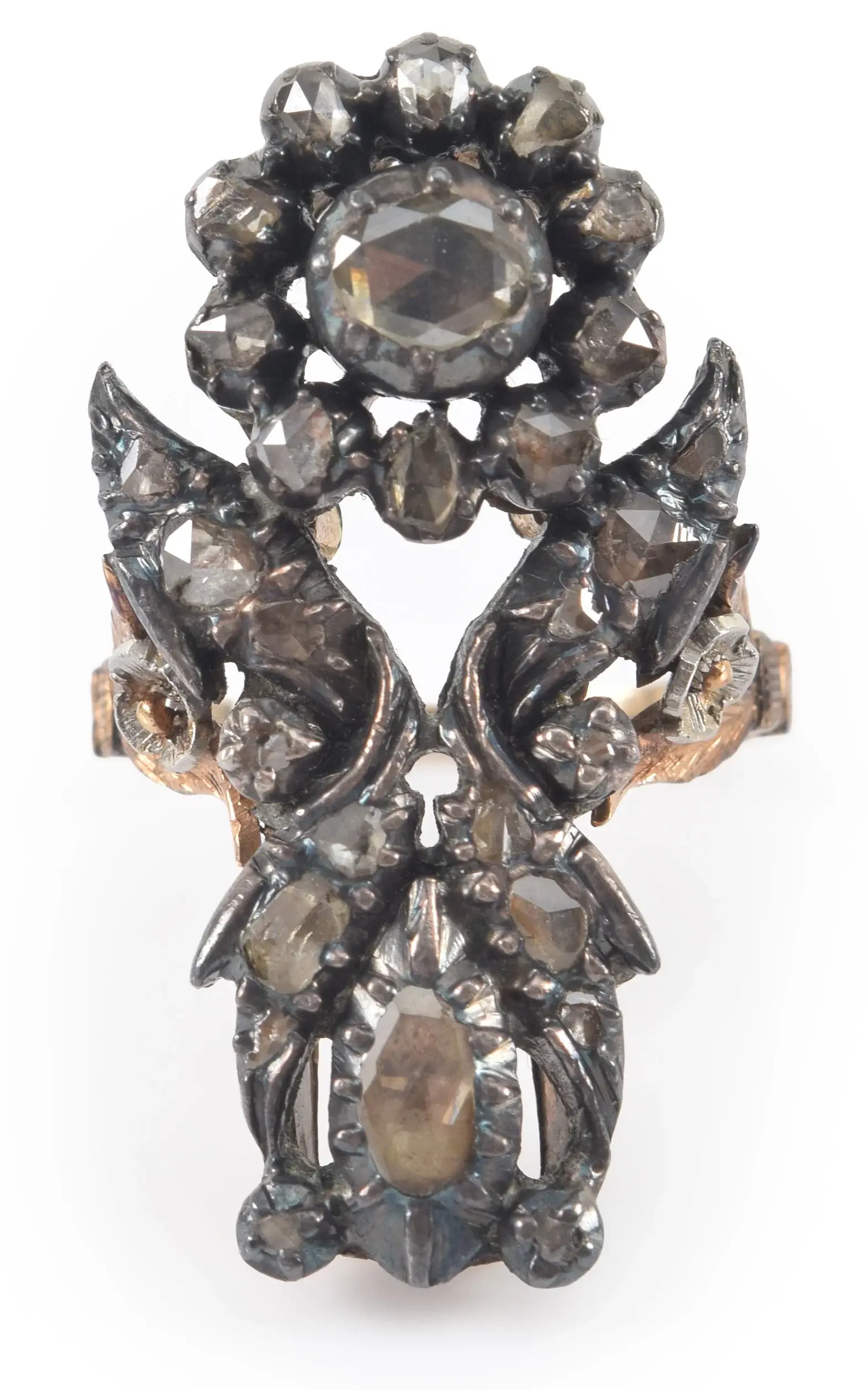 19th century 14K gold and silver diamond mounted ring. Floral openwork