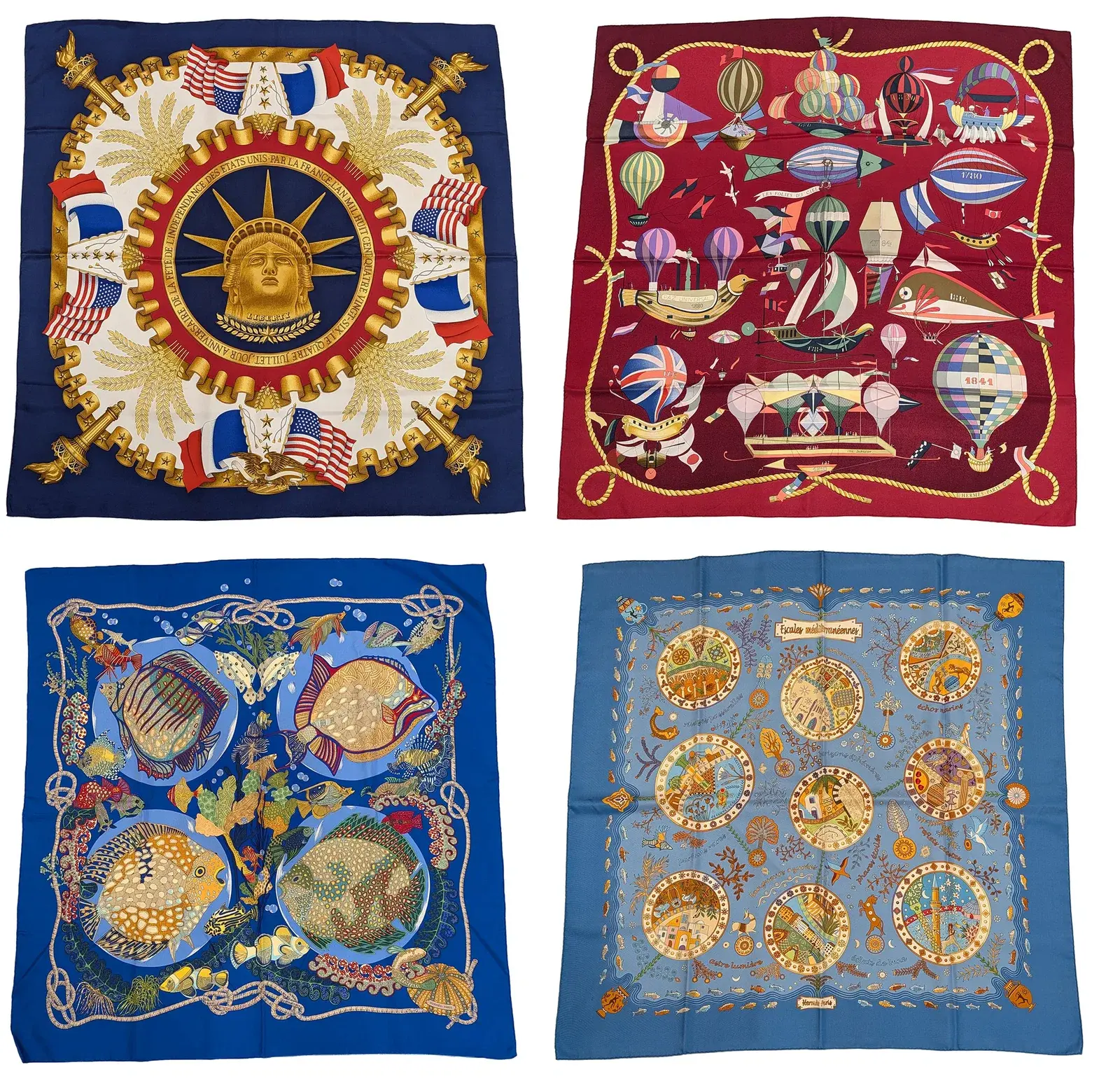 4 Hermes silk scarves. Commemorative France and US independence, Grands