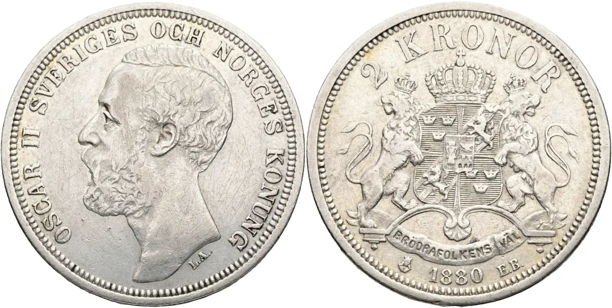 OSKAR II (1872-1907). 2 kronor 1880