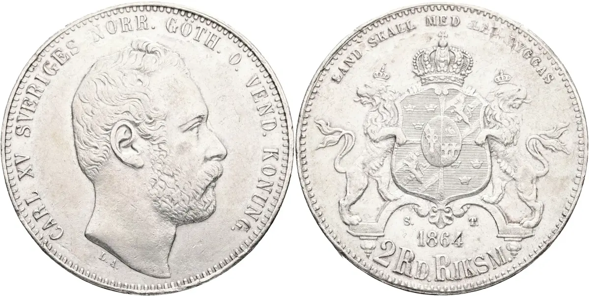 KARL XV (1859-1872). 2 riksdaler riksmynt 1864