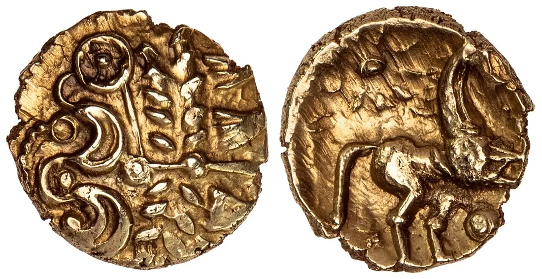 Trinovantes, AV Quarter-Stater, 'Maldon Wheel' Type, wreath, crescents
