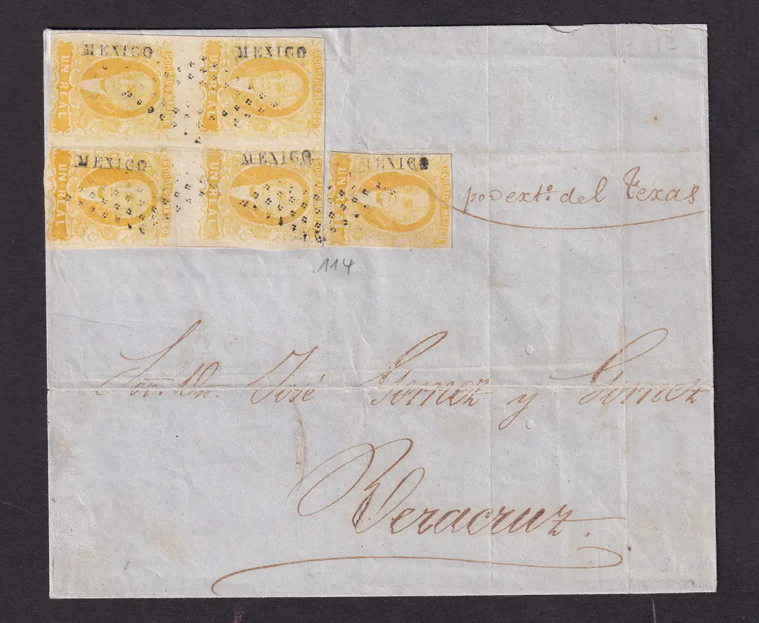 1856 "Hidalgos" Mexico District. 1r. Yellow, block of four and a single