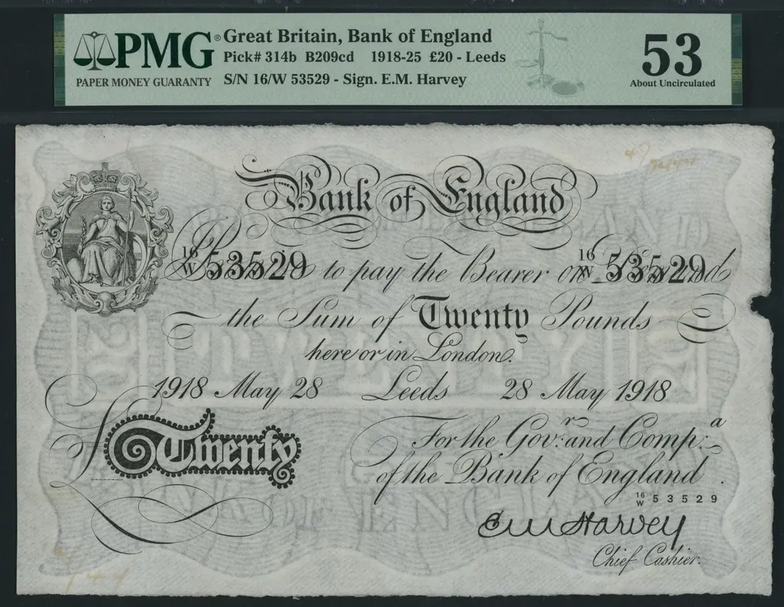 Bank of England, E. M. Harvey, £20, Leeds, 28th May 1918, serial number