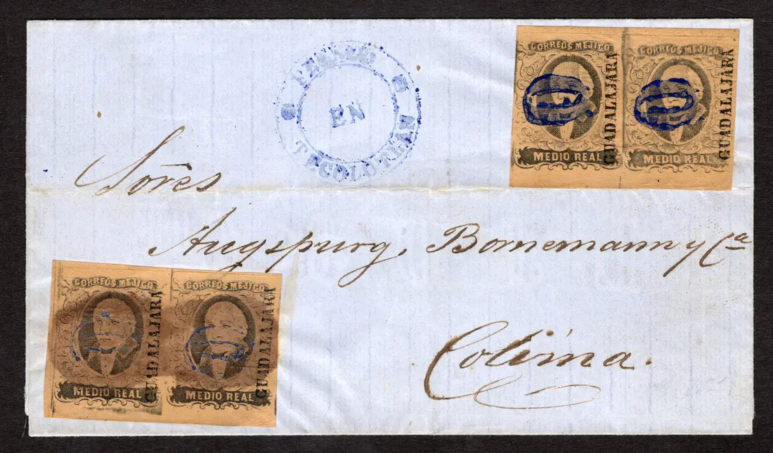 1861 "Hidalgos" Guadalajara. ½r. Black on Brown, two pairs, on a colorful
