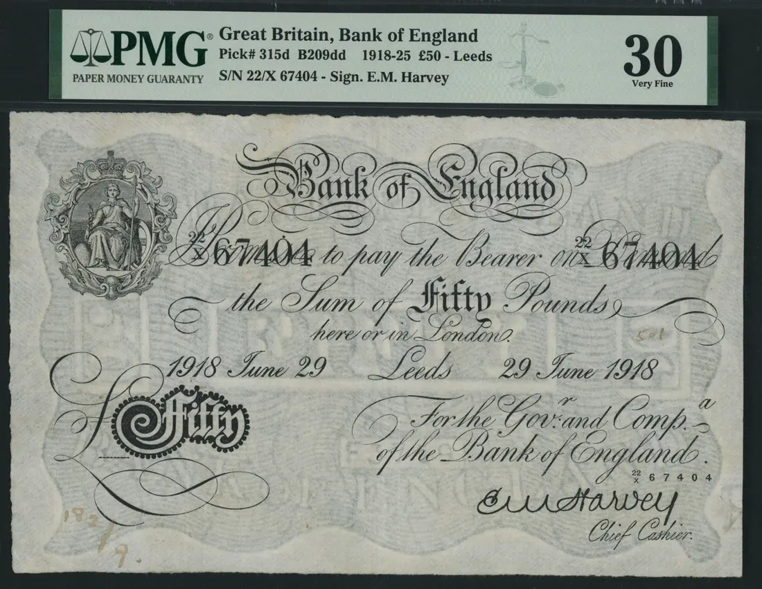 Bank of England, E. M. Harvey, £50, Leeds, 29th June 1918, serial