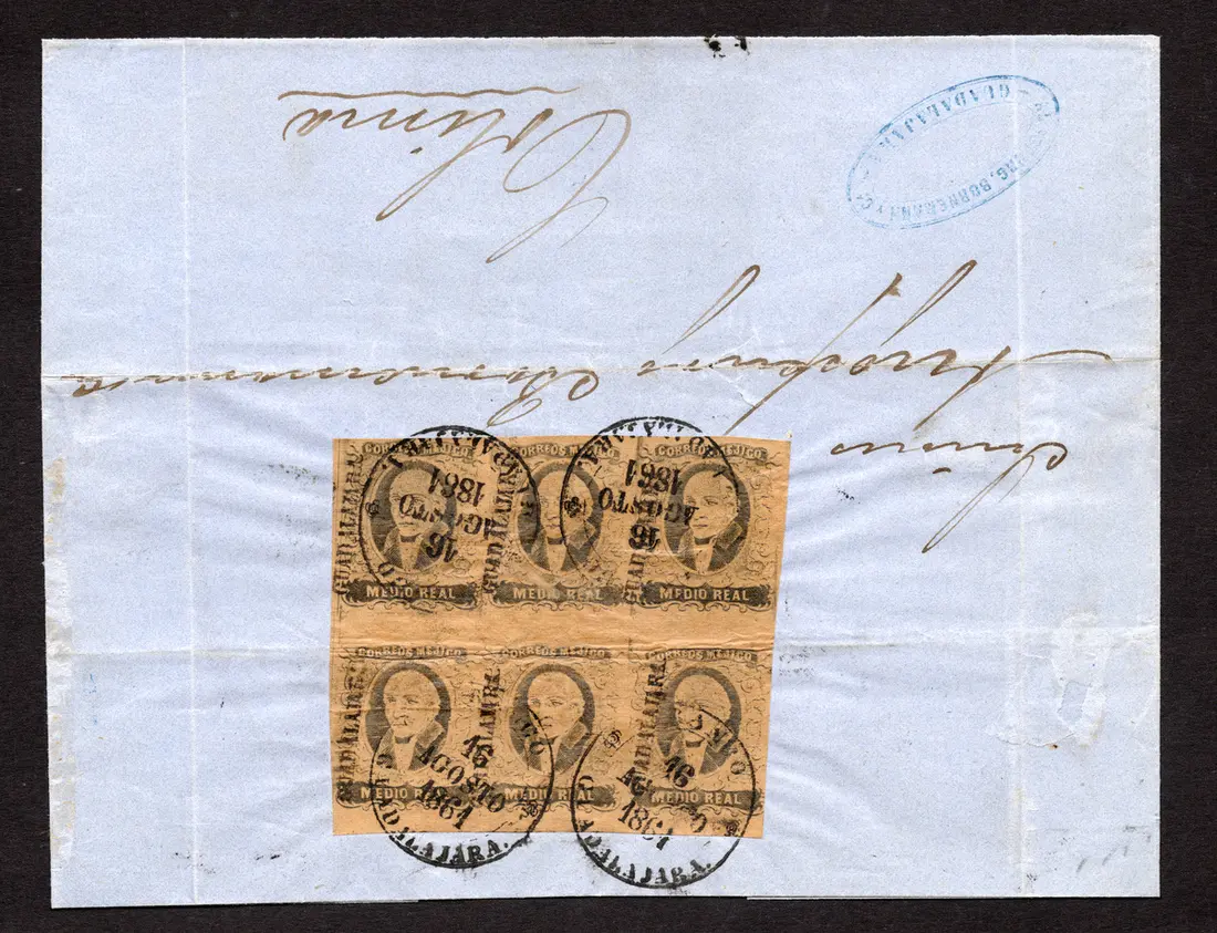 1861 "Hidalgos" Guadalajara. ½r. Black on Brown, spectacular block