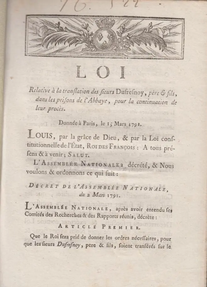 [Signed] [First Edition] Loi relative à la translation des sieurs Dufresnoy