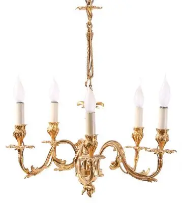 Chandelier of gilt bronze, five curved candle arms wired for electricity.