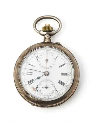 Unknown: Chronograph pocket watch of silver. Mechanical movement with