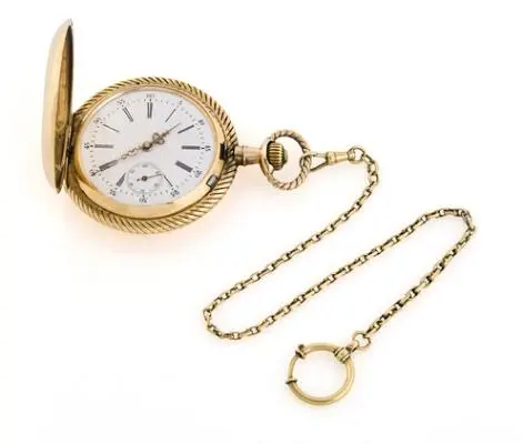 Double-cased pocket watch of 14k gold. Mechanical movement with lever