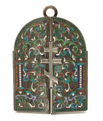 A Russian silver and cloisonné enamel triptych frame. St. Petersburg