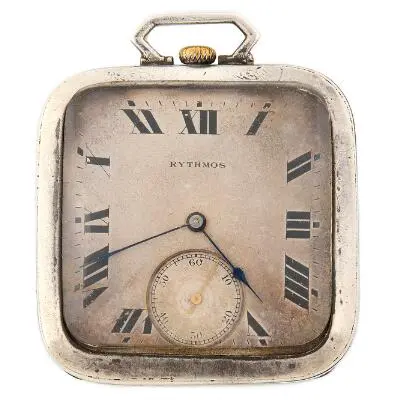 Rythmos: Square pocket watch of silver. Mechanical movement with lever