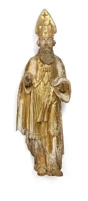 A figure of carved gilded and painted wood in the form of a bishop