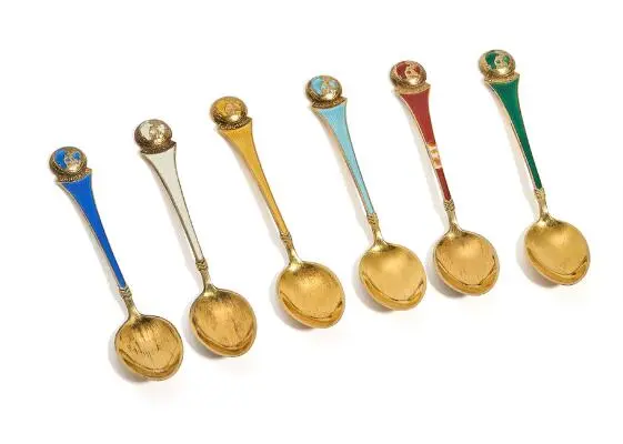 Set of six mocha spoons in gilt and enamelled sterling silver. ELA