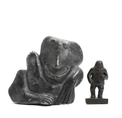Two Greenlandic soapstone figures in the form of hunters and fabulous