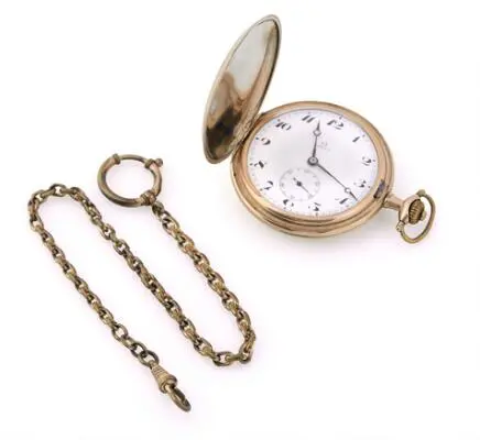Omega: Double hunter-case pocket watch in gilt metal. Mechanical movement