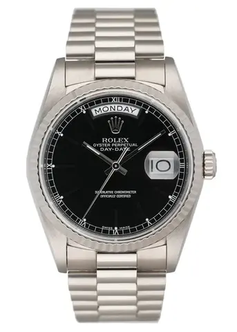 Rolex Day-Date 18239 Black Dial 18K White Gold Mens Watch Box Papers