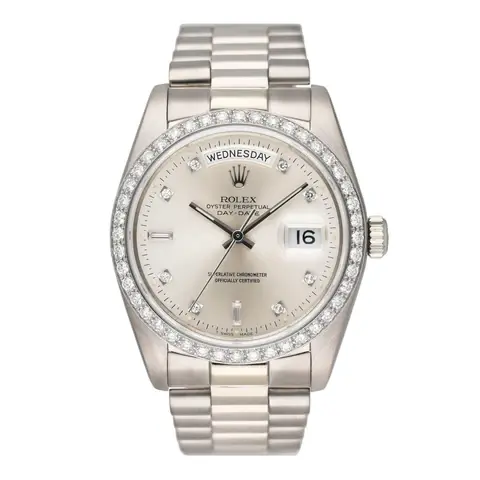 Rolex Day-Date 18049 Diamond Silver Dial 18K White Gold Mens Watch Box Papers