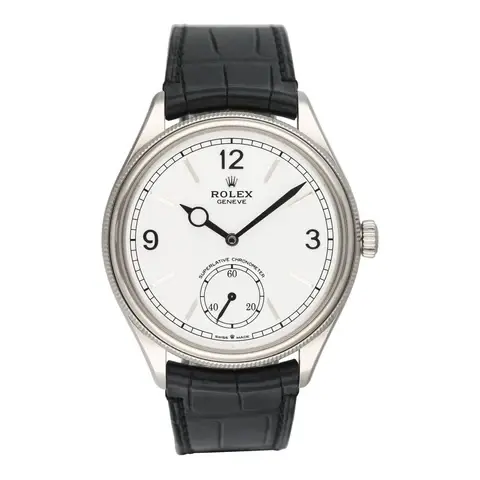 Rolex 1908 Intense White Dial 18k White Gold Mens Watch Box Papers