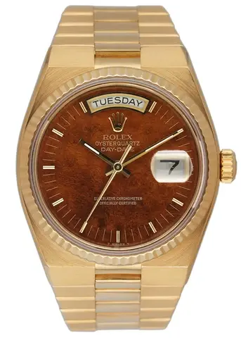 Rolex Day Date Oysterquartz 19018 18K Yellow Gold Wood Dial Mens Watch