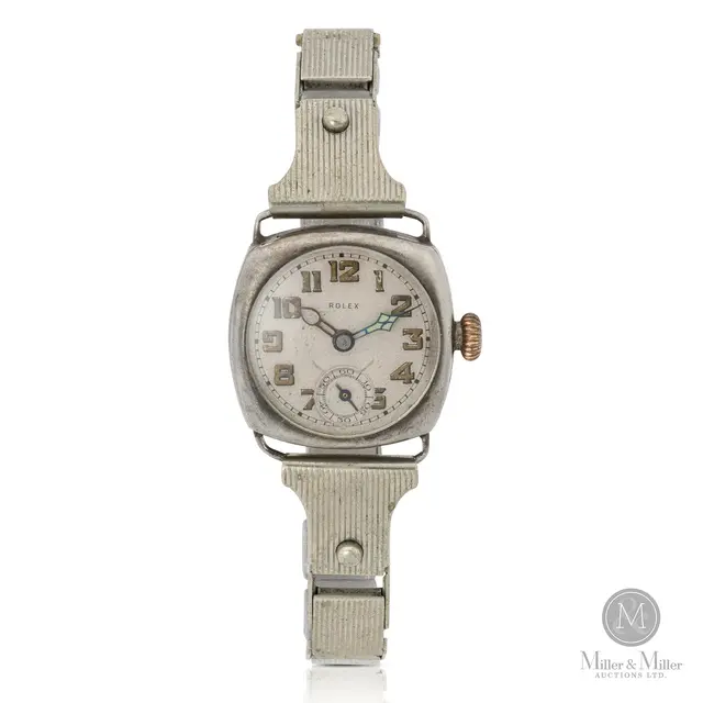 Rolex Early Sterling Silver Cushion-Case "Trench Style" Wristwatch