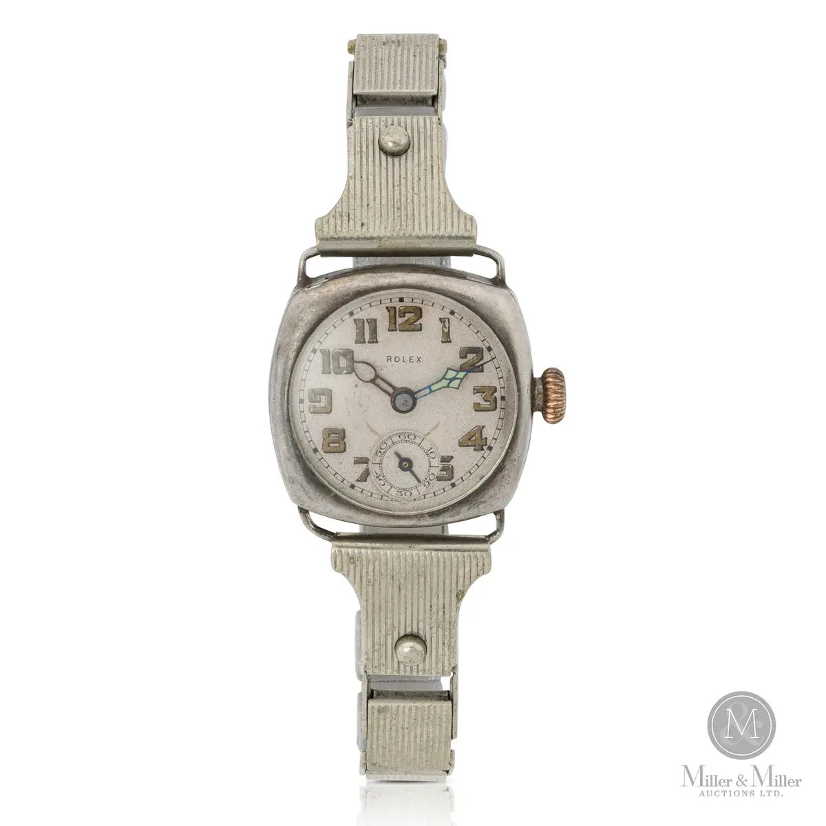 Rolex Early Sterling Silver Cushion-Case "Trench Style" Wristwatch