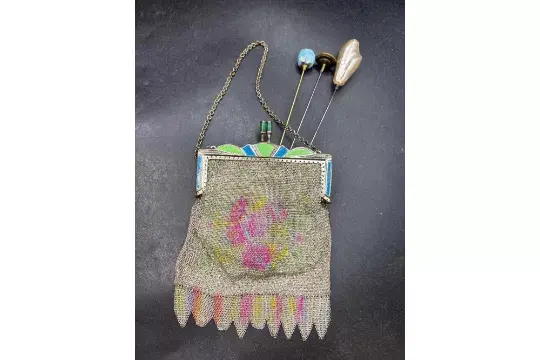 A art deco enamel mesh purse and three antique hat pins
