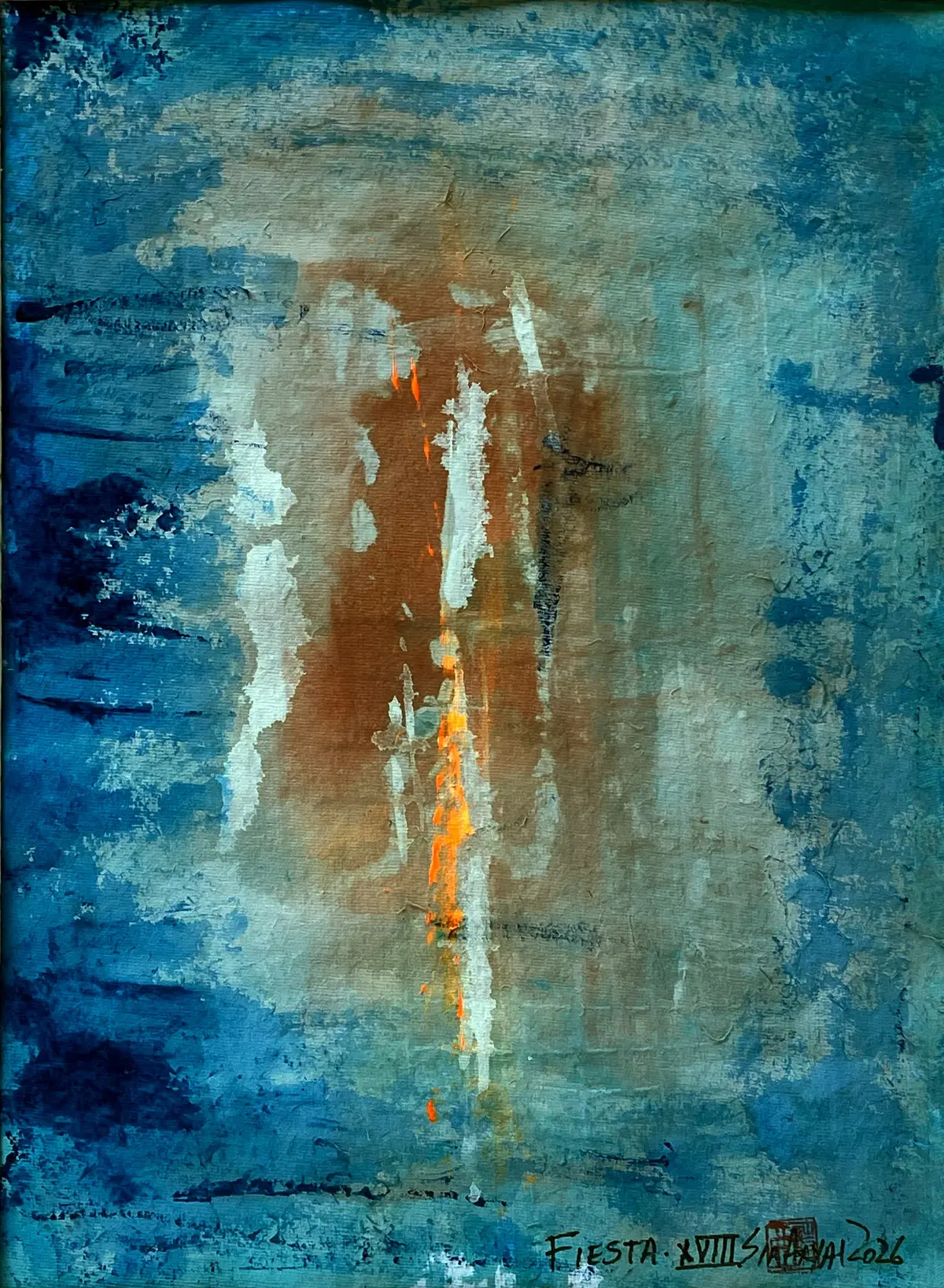 Fiesta. XVIII Framed surreal orange/blue painting - Sia aryai