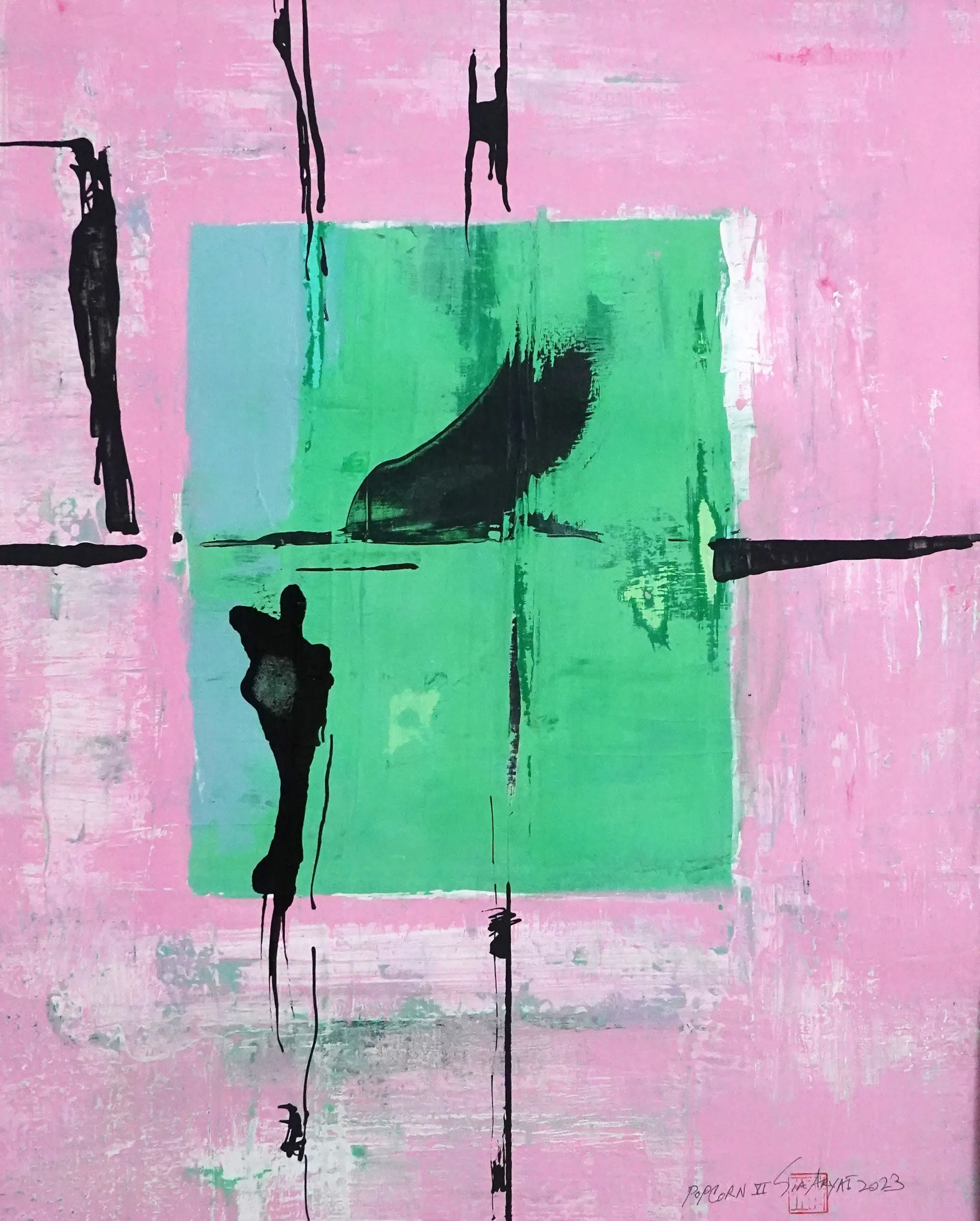 Popcorn. VI Framed abstract green/pink painting - Sia aryai