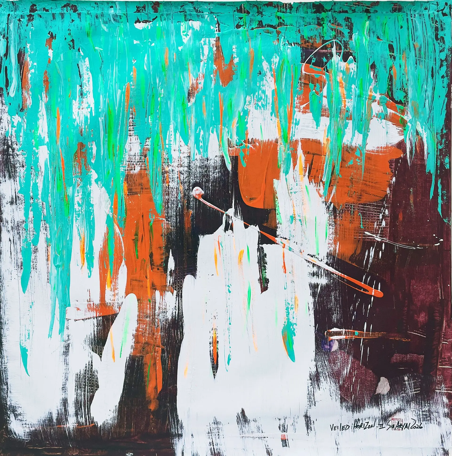 Veild Horizon. II Surreal orange green painting - Sia aryai