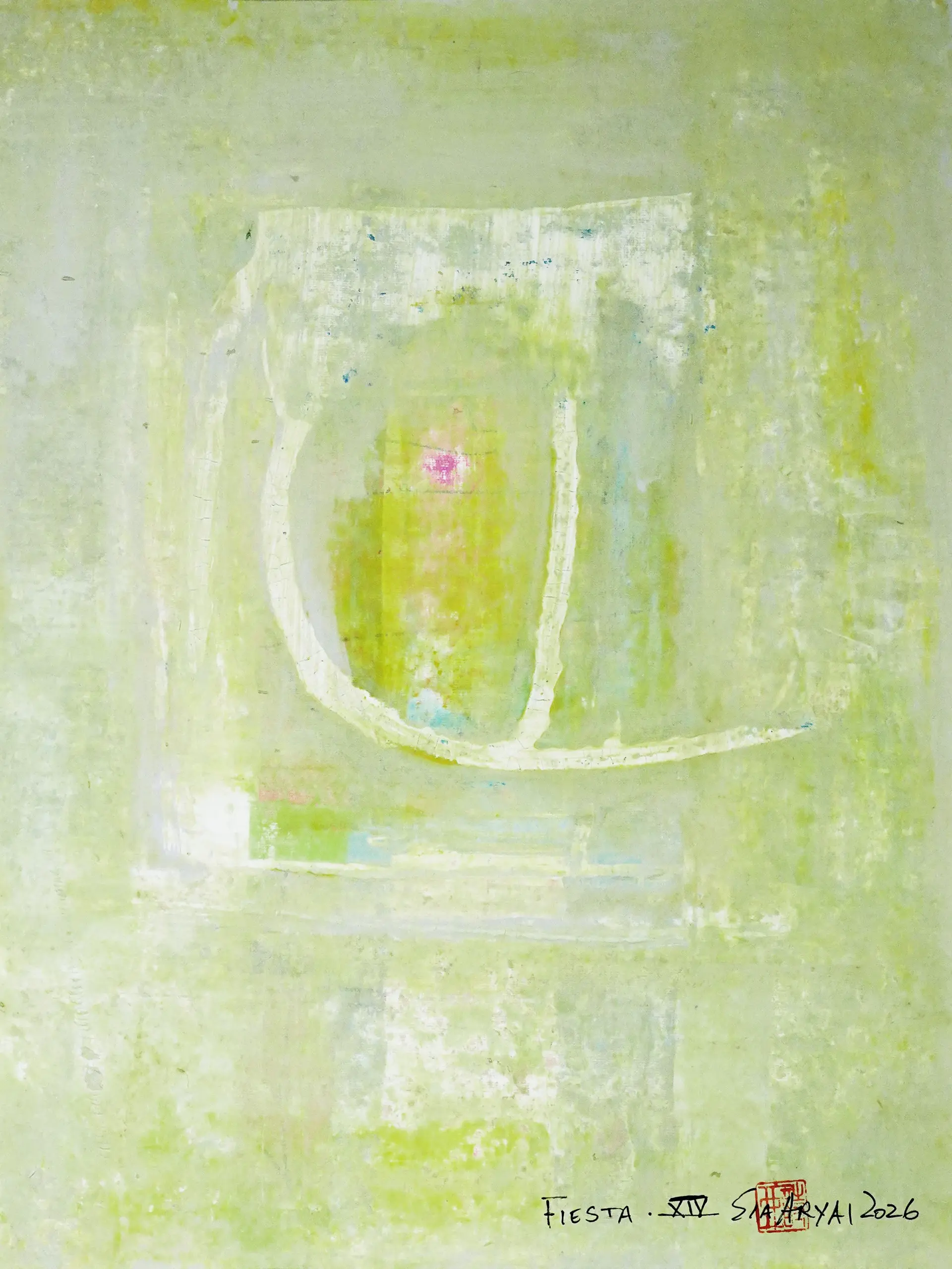 Fiesta. XIV White framed surreal green painting - Sia aryai
