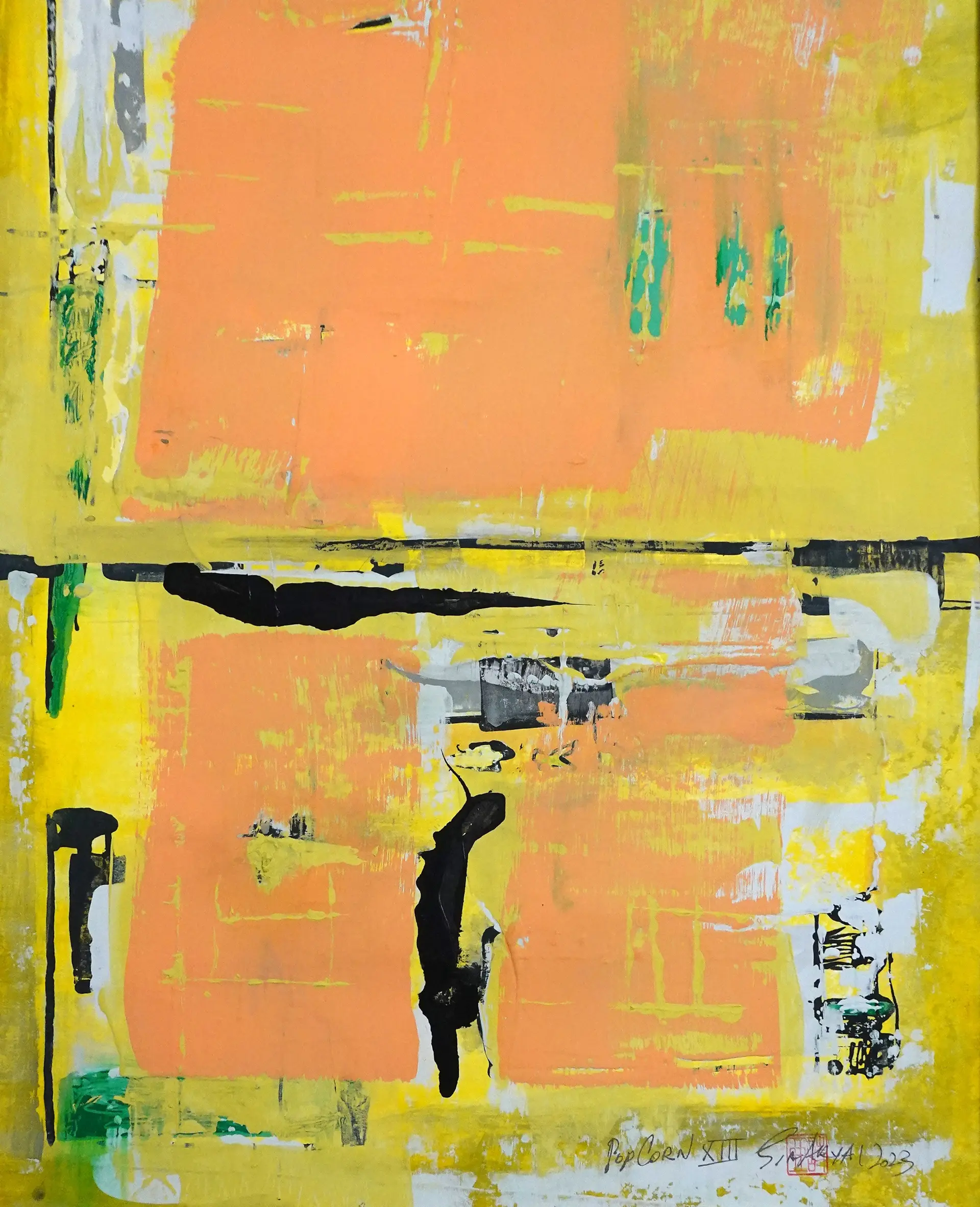 Popcorn. XIII Framed abstract pink/yellow painting - Sia aryai