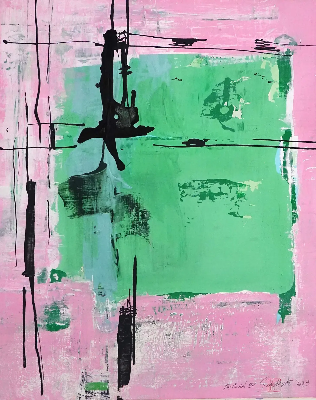 Popcorn. VII Abstract framed green/purple painting - Sia aryai