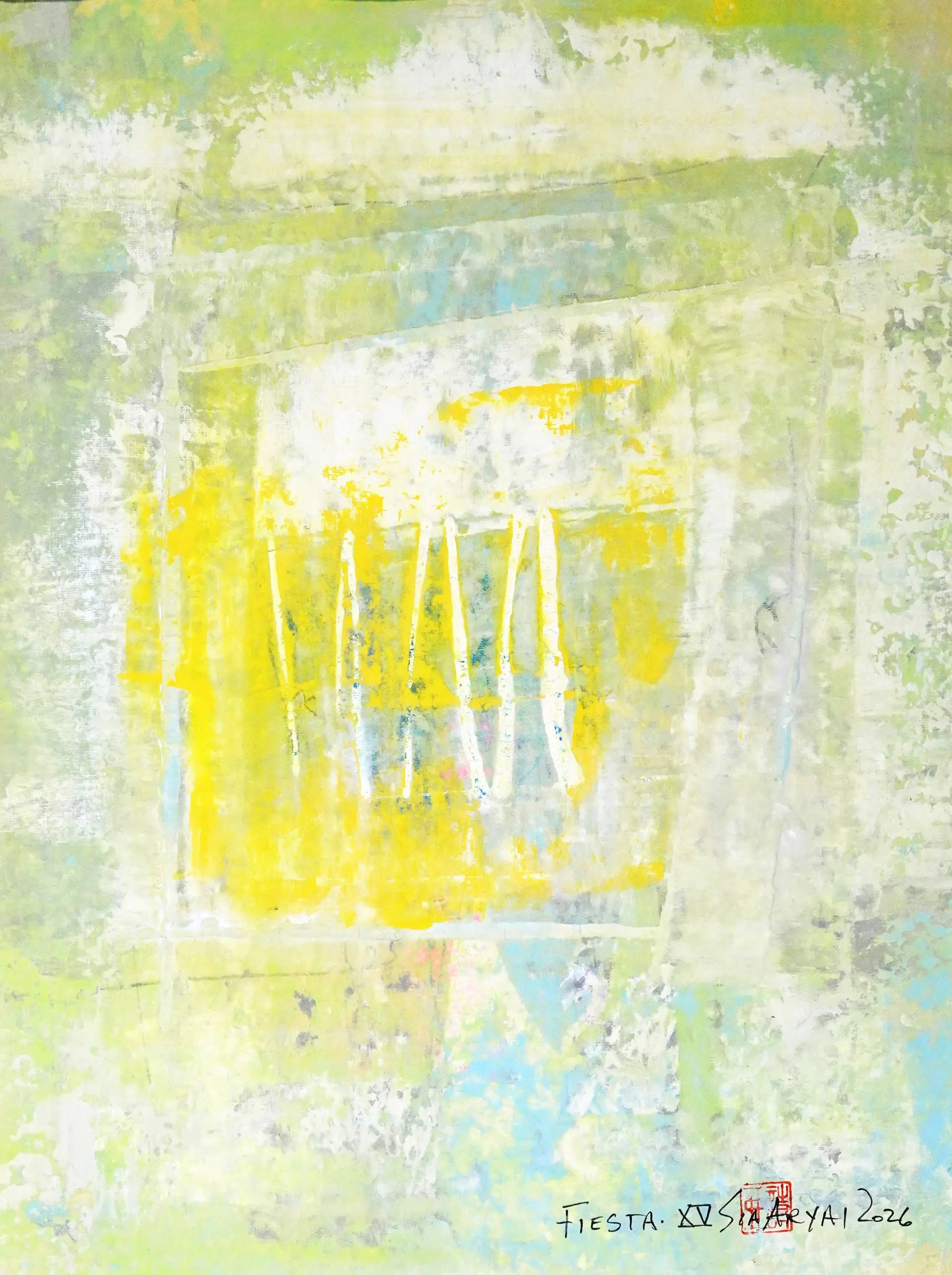 Fiesta. XV Framed modern yellow/green painting - Sia aryai
