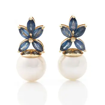 18K gold earrings with cultured Akoya pearls and navette-cut sapphires.