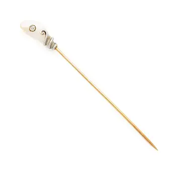 Pin, 14K gold with pearl and rose-cut diamond.