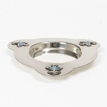 An English Arts & Crafts era silver and enamel dish, mark of James