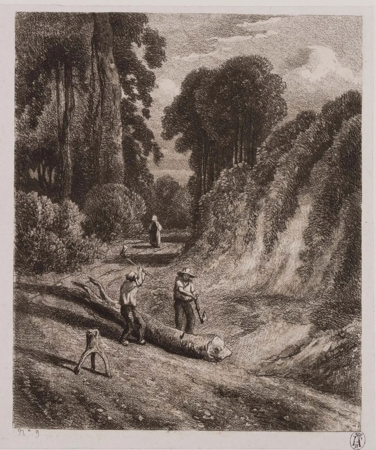 L. MARVY (19th), Lumberjacks at Work in the Forest, ca. 1844, Etching