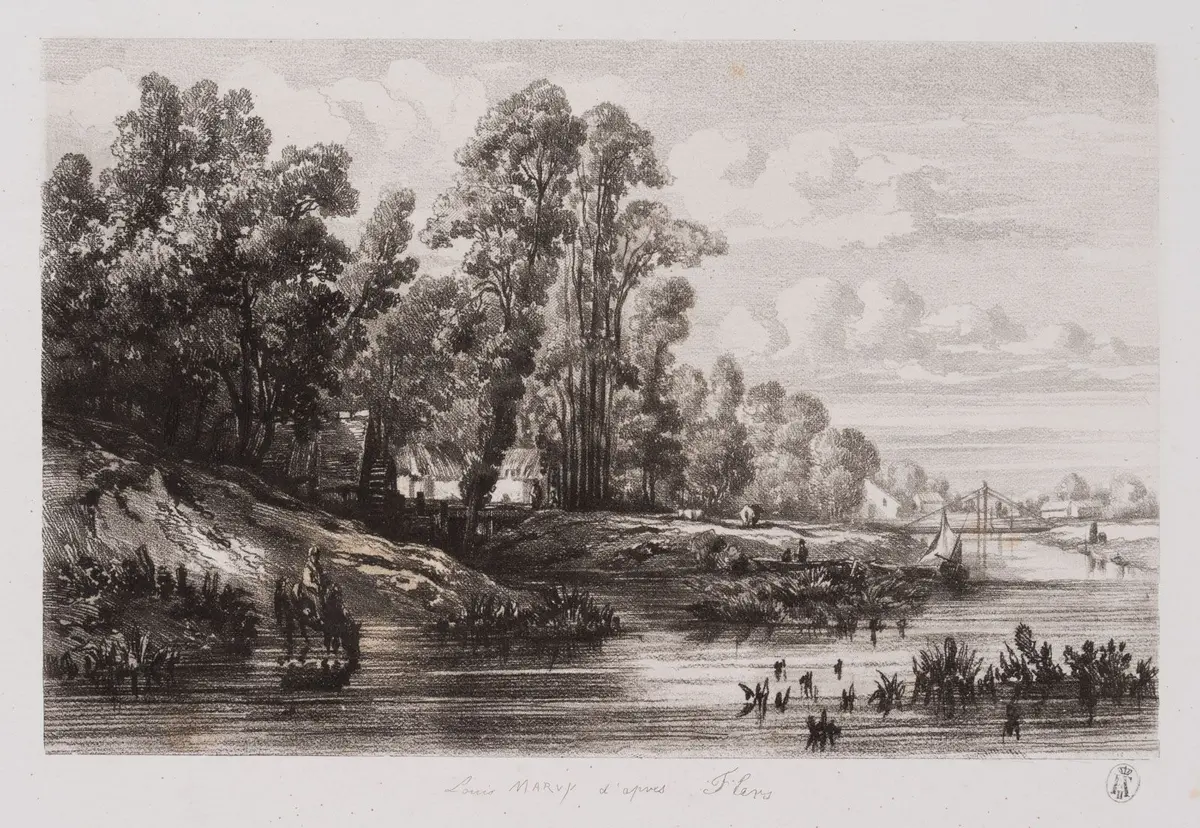 L. MARVY (19th), Riverside landscape with a mill, Vernis Mou Louis