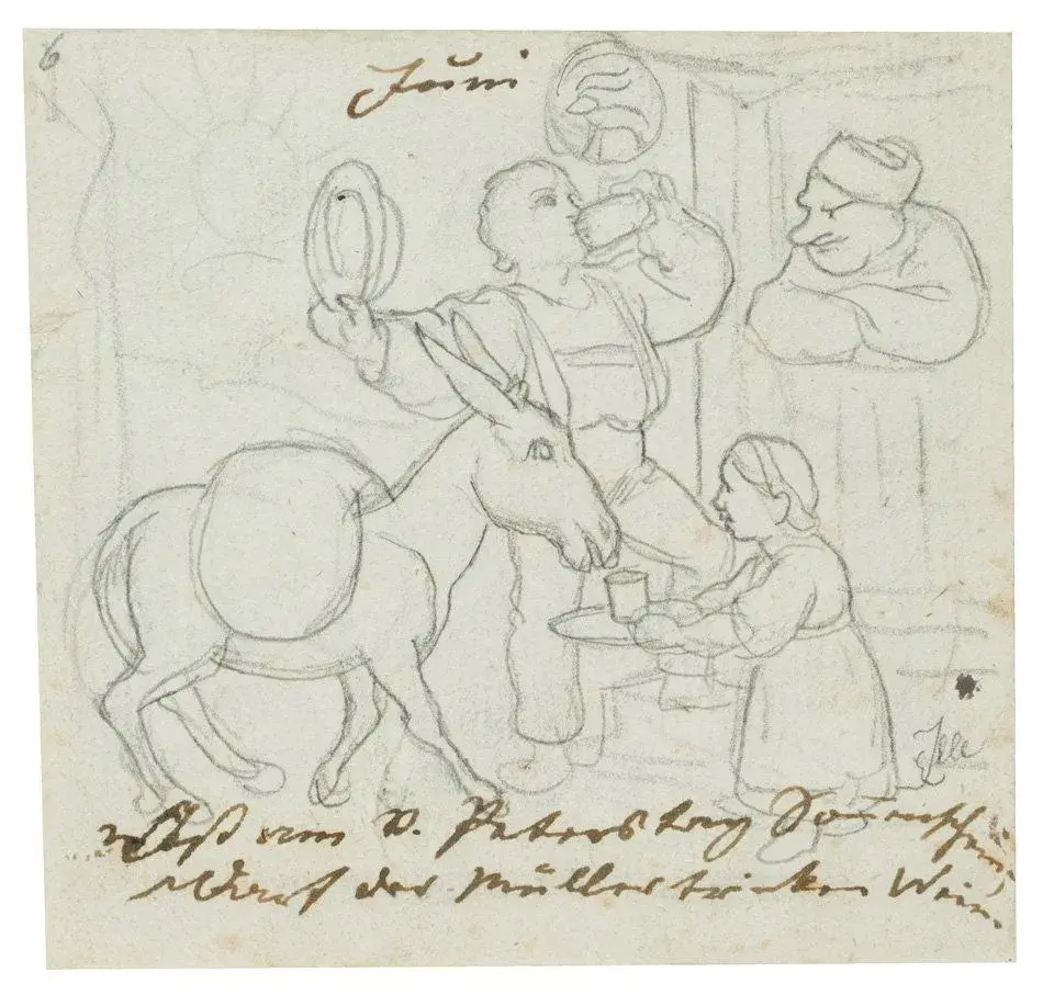 E. ILLE (1823–1900), Satire: A Donkey and a Miller Take a Break at